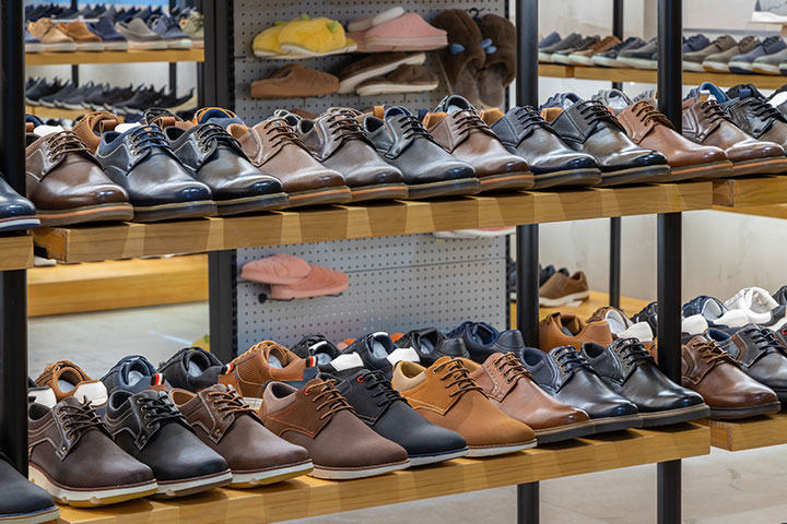 Spacious and bright men's shoe showroom.